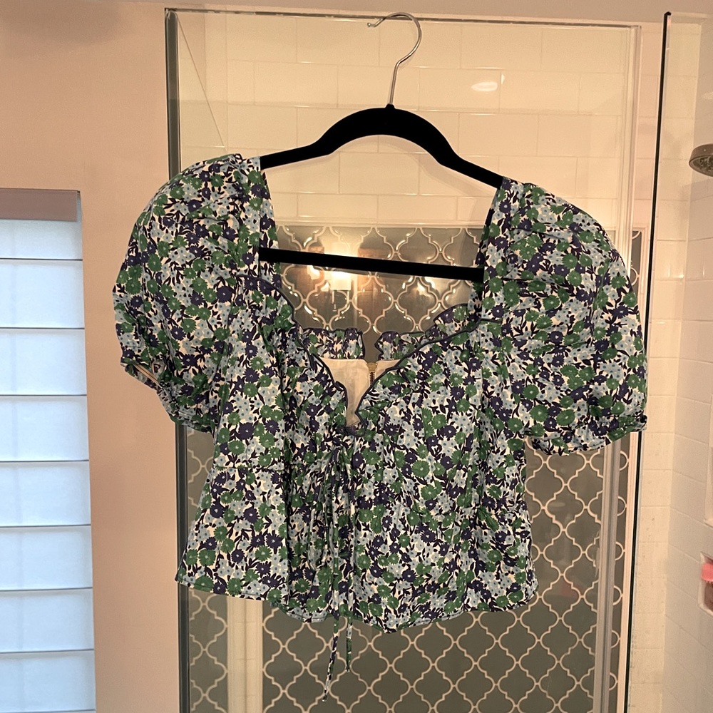 Zara puff sleeve crop top - green and blue XS